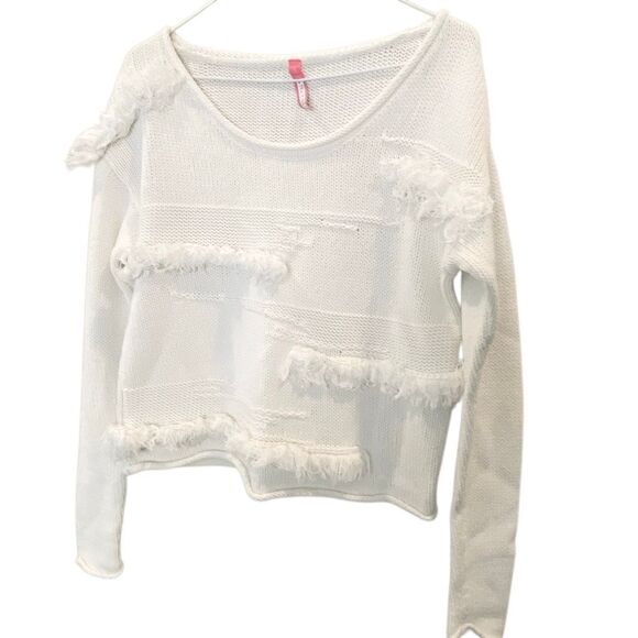 Plenty by Tracy Reese Scoop Neck Long Sleeve Jigsaw Fringe Sweater White Small - Picture 3 of 4